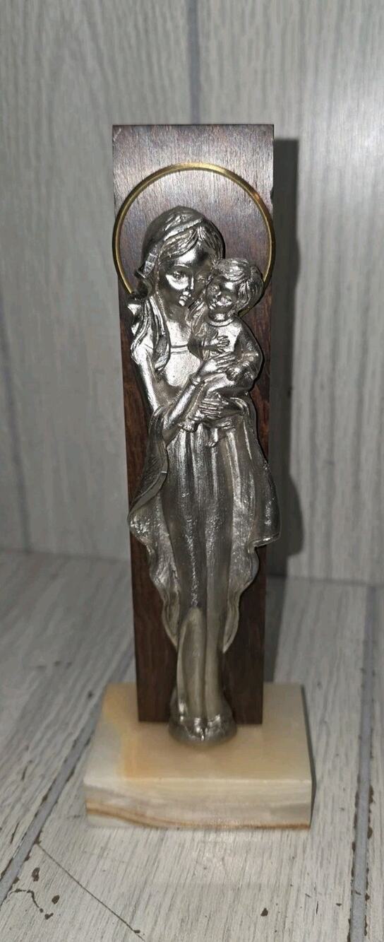 Vintage Italian Pewter Madonna With Child Figurine Brass Halo Wood Marble Mount